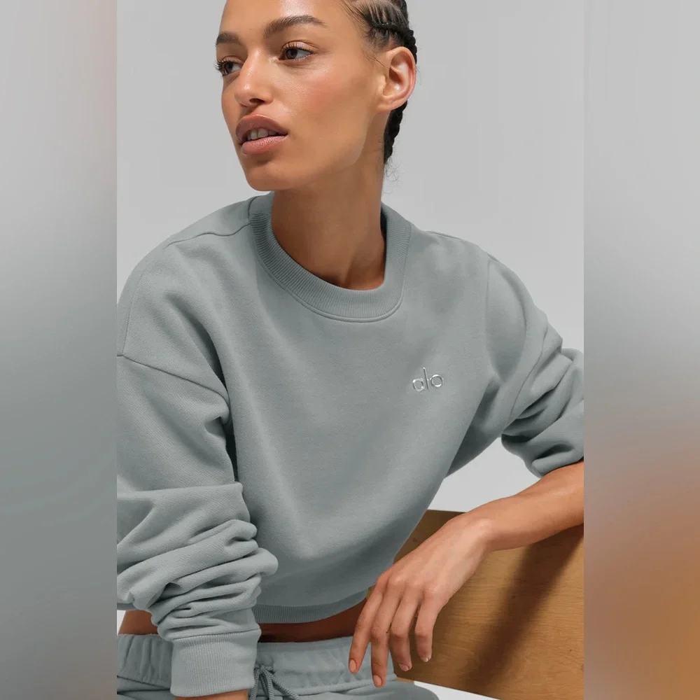 Alo Yoga Cropped Accolade Crewneck Lunar Grey S - Picture 2 of 7